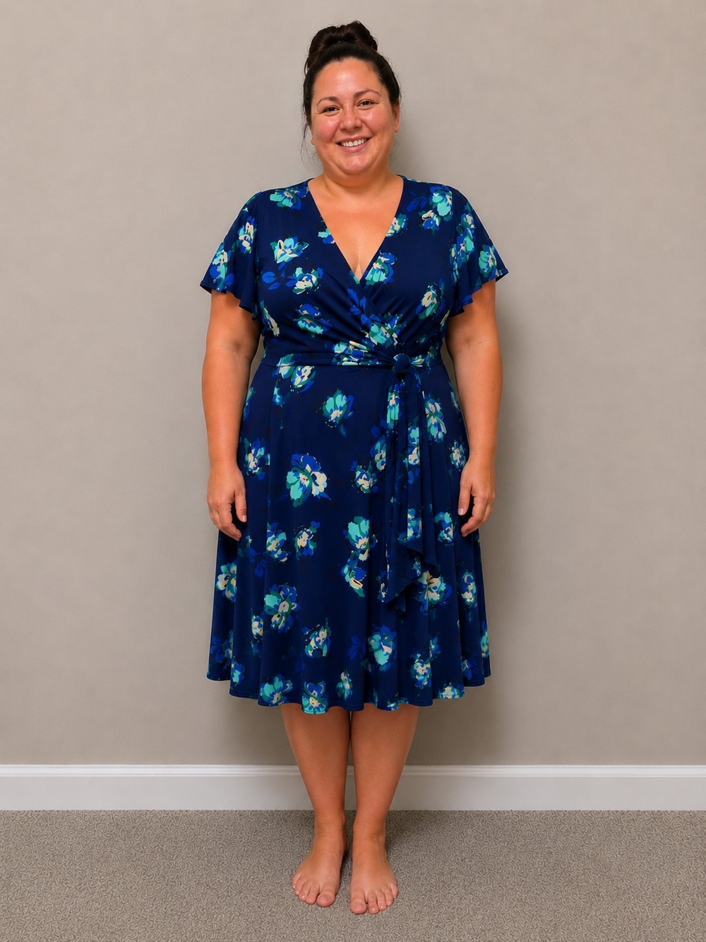 Donna Morgan Navy Floral Wrap Midi Dress with Tie Waist